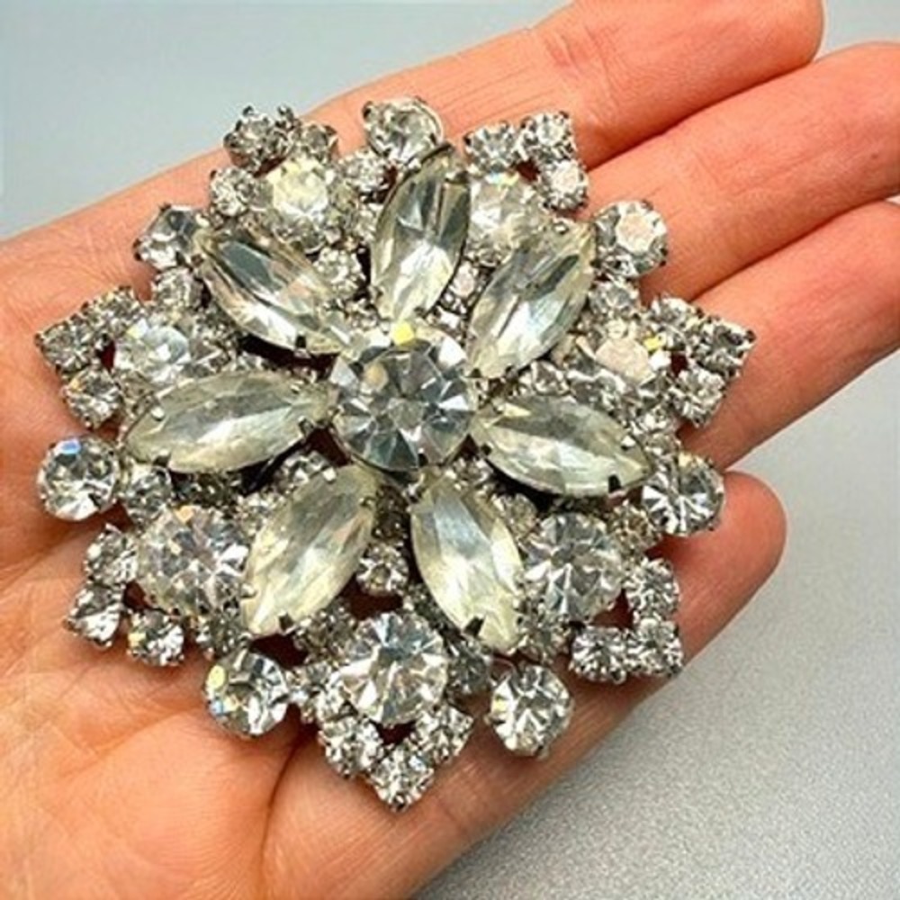 Vintage Silver Tone Clear Rhinestone Starburst Brooch 2.5" Large MCM Bridal Glam